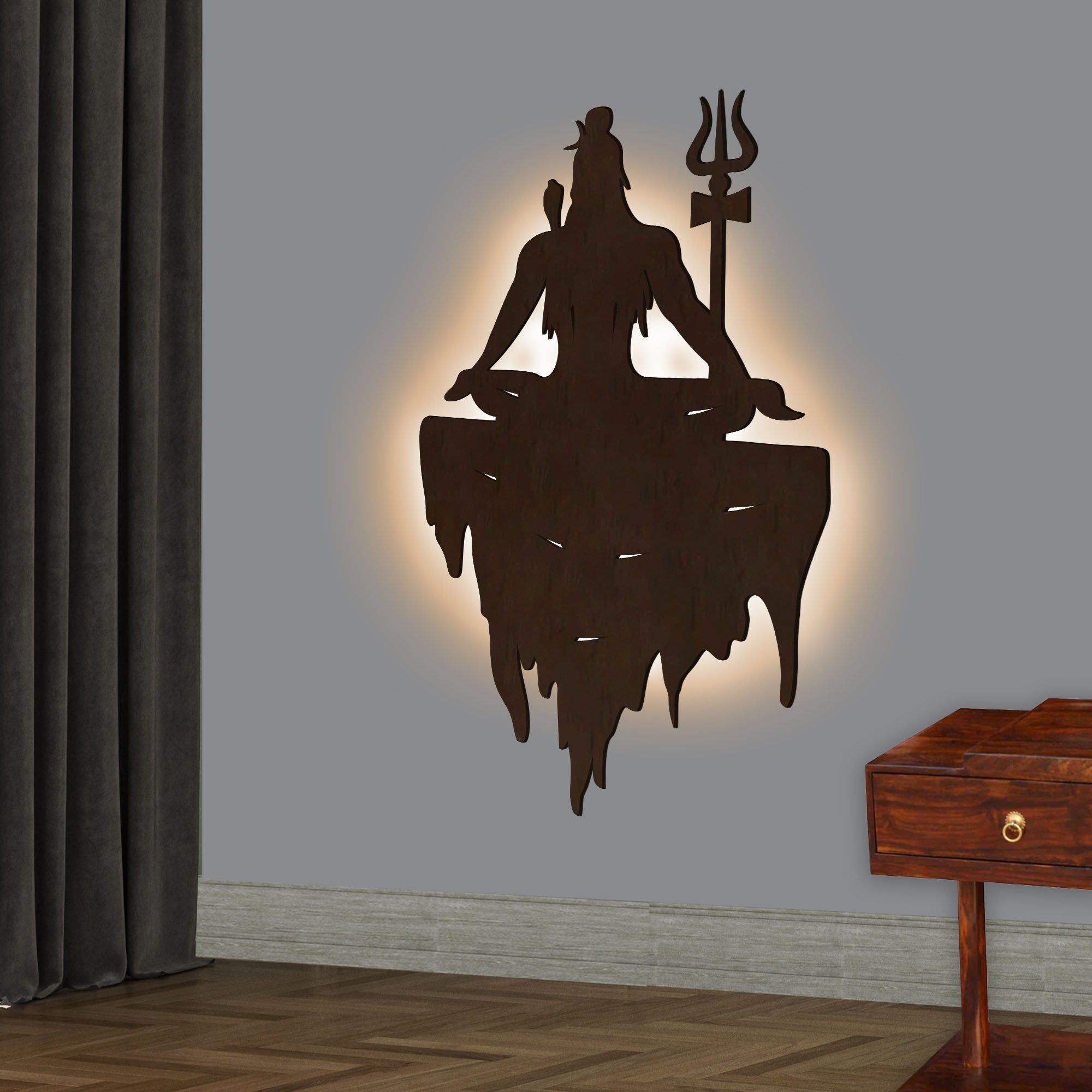 Adiyogi Mahakal Lord Shiva Premium Backlit Design Wooden Wall Hanging with LED Night Light Walnut Finish - Decor Smart