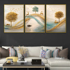 Adorable Deers Golden Forest River Scene Floating Frame Crystal Wall Painting Set of 3
