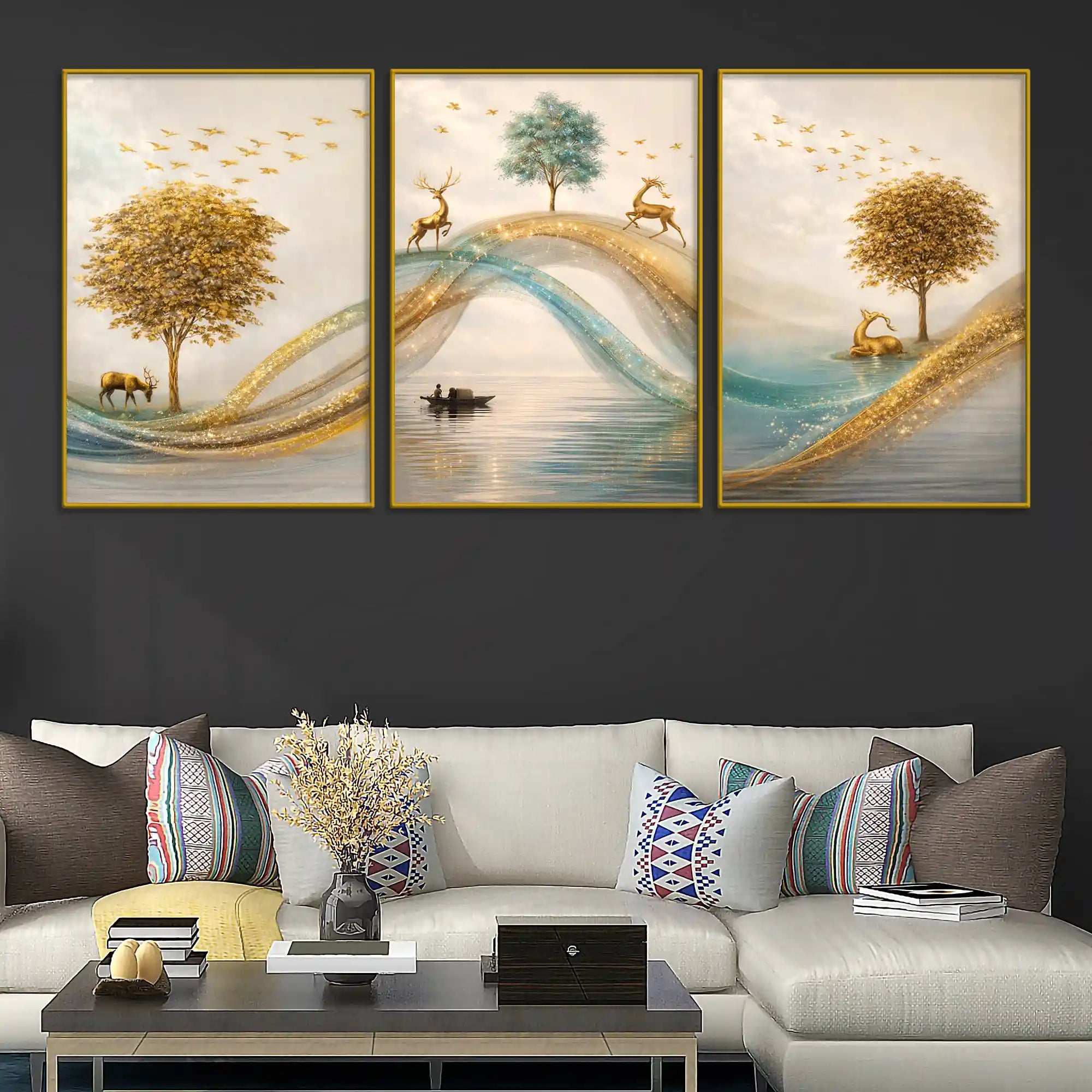 Adorable Deers Golden Forest River Scene Floating Frame Crystal Wall Painting Set of 3
