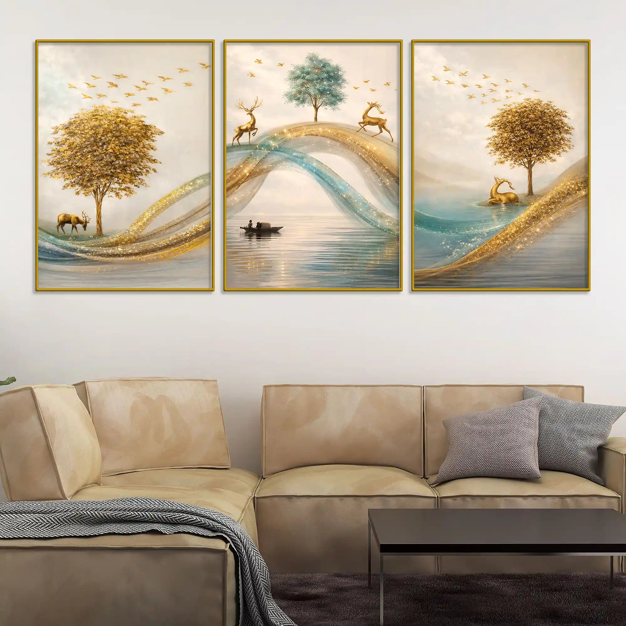 Adorable Deers Golden Forest River Scene Floating Frame Crystal Wall Painting Set of 3