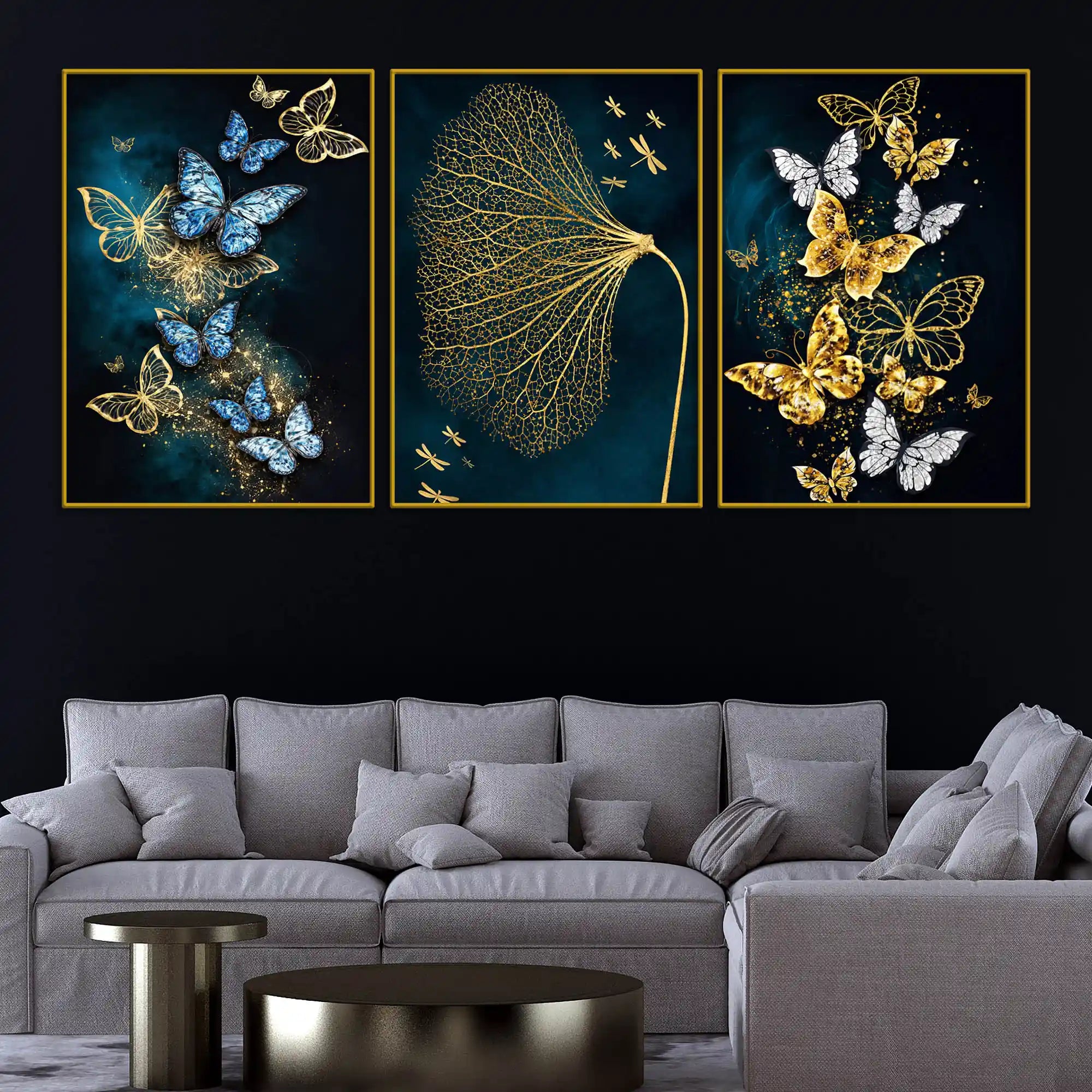 Aesthetic Blue & Gold Butterfly Floating Frame Crystal Wall Painting Set of 3