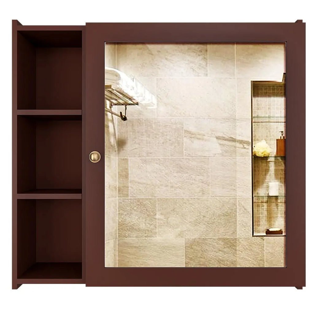Aesthetic Modern Style Wooden Bathroom Cabinet Mirror With 5 Spacious Shelves Brown Finish - Decor Smart