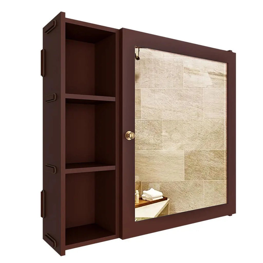 Aesthetic Modern Style Wooden Bathroom Cabinet Mirror With 5 Spacious Shelves Brown Finish - Decor Smart