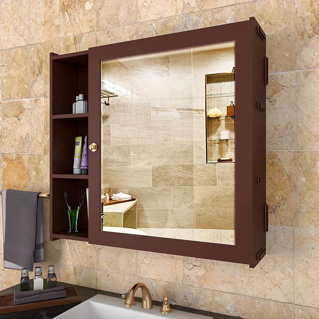Aesthetic Modern Style Wooden Bathroom Cabinet Mirror With 5 Spacious Shelves Brown Finish - Decor Smart