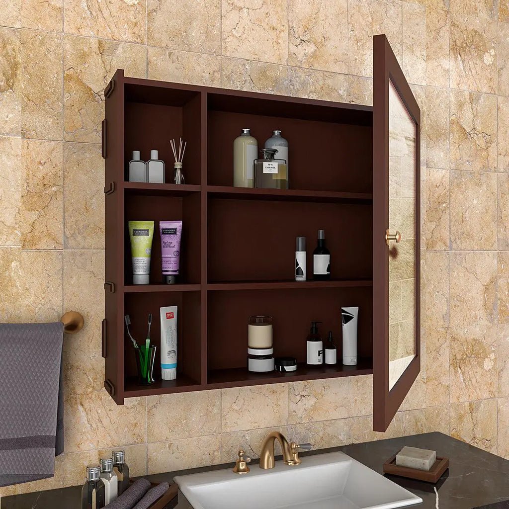 Aesthetic Modern Style Wooden Bathroom Cabinet Mirror With 5 Spacious Shelves Brown Finish - Decor Smart