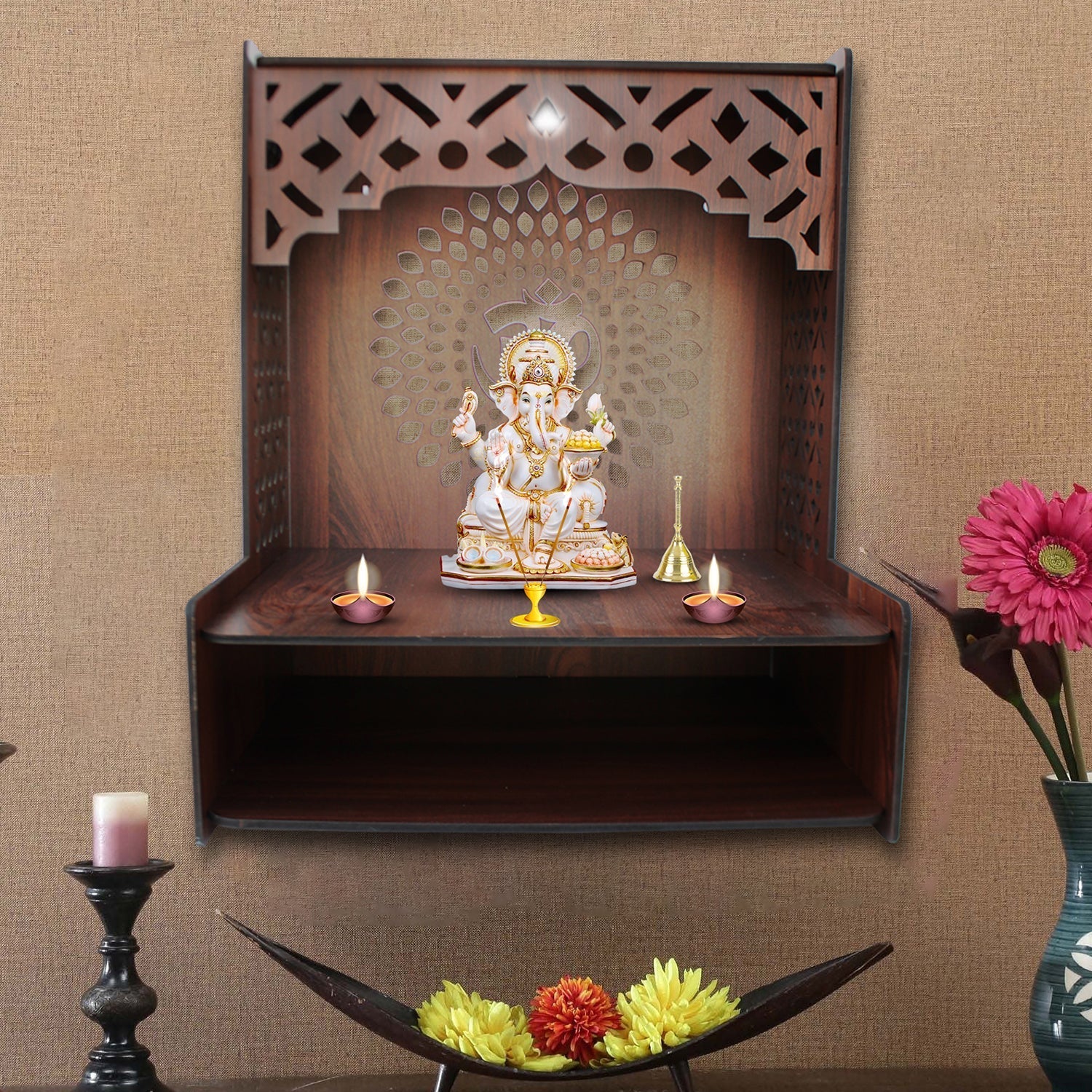 Aesthetic Space - Saving Wooden Temple for Home with Spacious Shelf & Inbuilt Focus Lights - Decor Smart