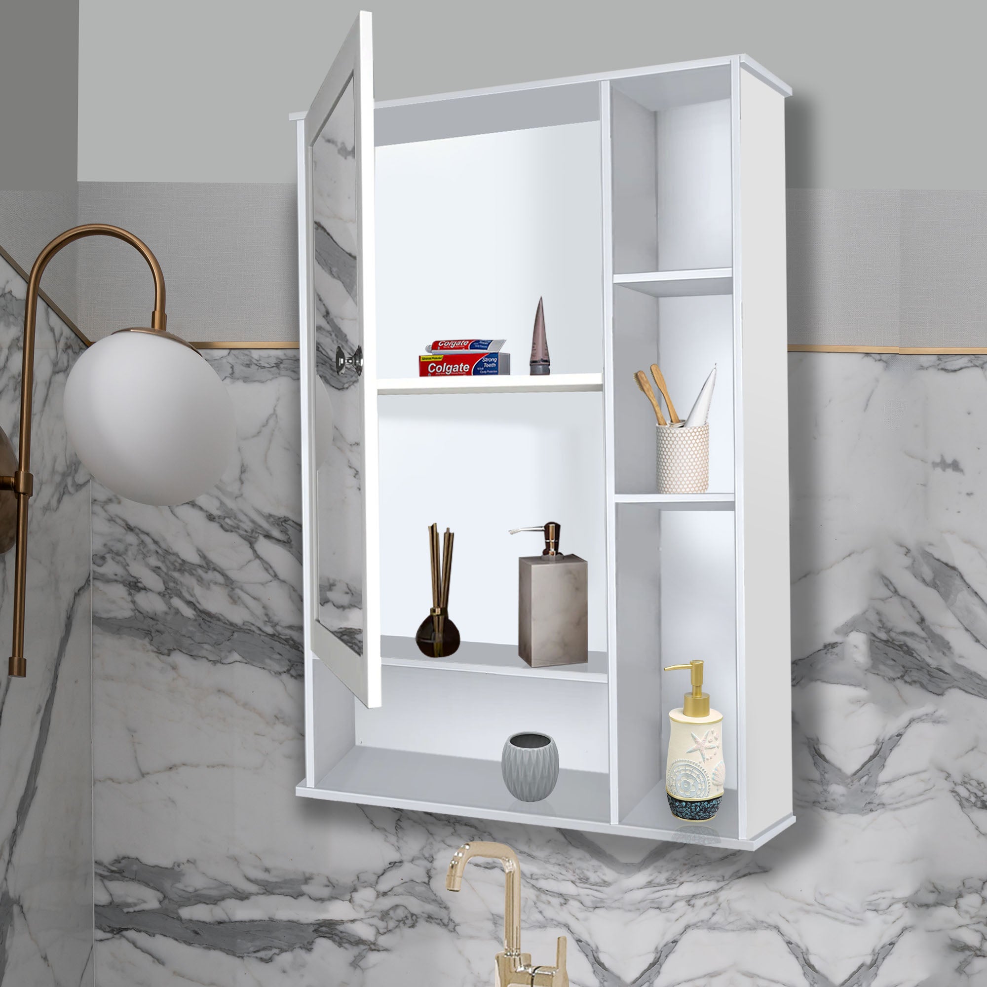 Aesthetic Wooden Bathroom Cabinet Mirror with 6 Spacious Shelves with White Finish - Decor Smart