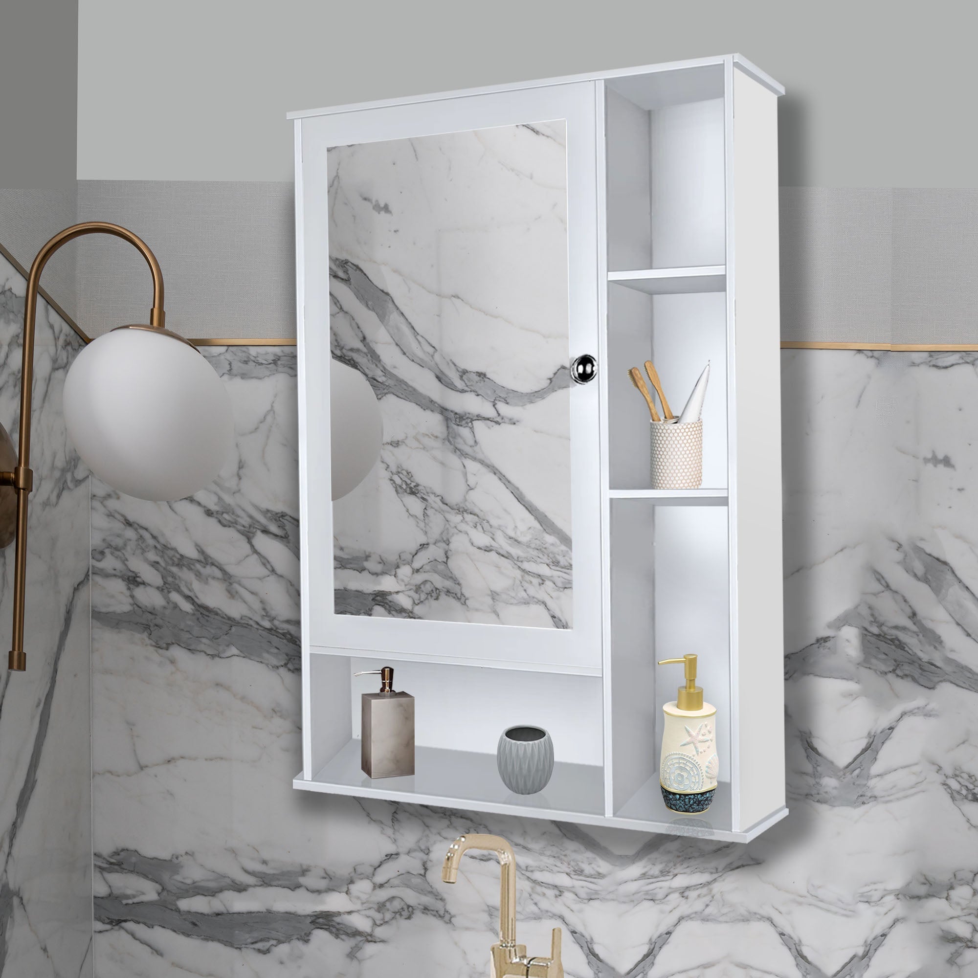 Aesthetic Wooden Bathroom Cabinet Mirror with 6 Spacious Shelves with White Finish - Decor Smart