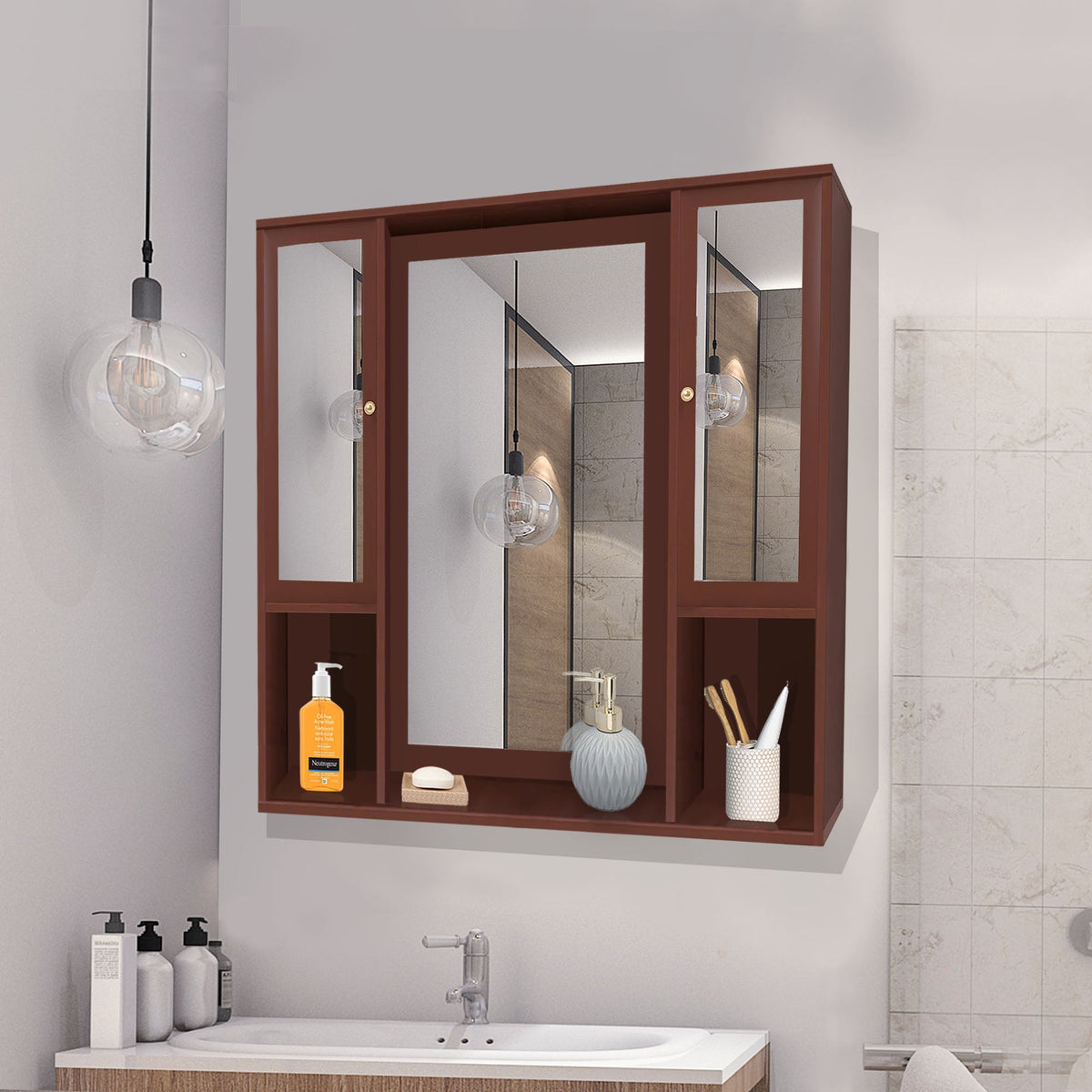 Aesthetic Wooden Bathroom Cabinet Mirror with 7 Spacious Shelves Finish Solid Brown - Decor Smart