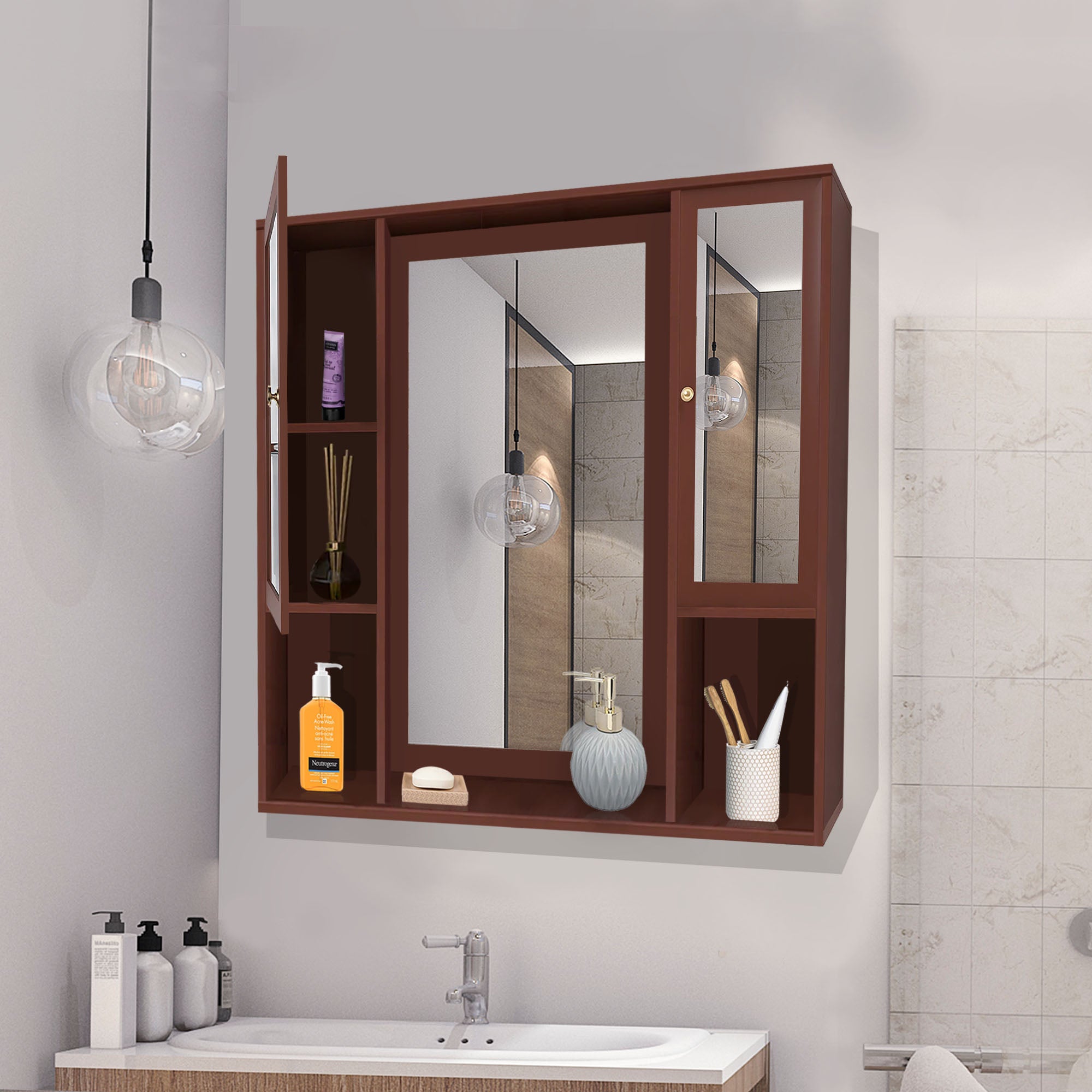 Aesthetic Wooden Bathroom Cabinet Mirror with 7 Spacious Shelves Finish Solid Brown - Decor Smart