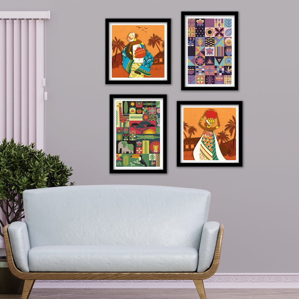 African Women Dancing 4 Pieces Premium Wall Frame Painting