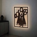 African Women Folk Dance Backlit Wooden Wall Decor with LED Night Light Walnut Finish - Decor Smart
