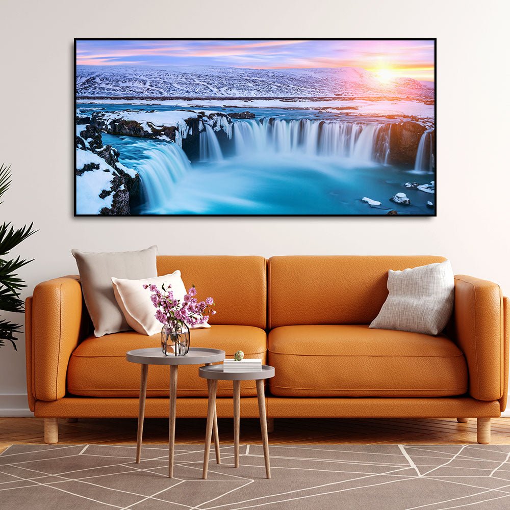 Amazing Godafoss Waterfall in Winter Premium Canvas Wall Painting - Decor Smart