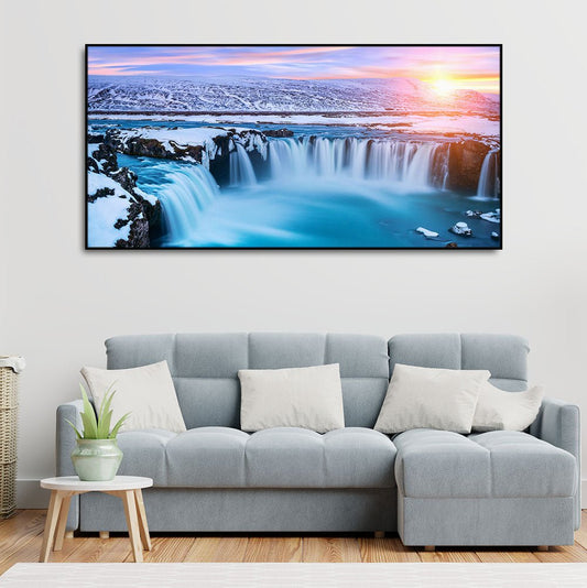 Amazing Godafoss Waterfall in Winter Premium Canvas Wall Painting - Decor Smart