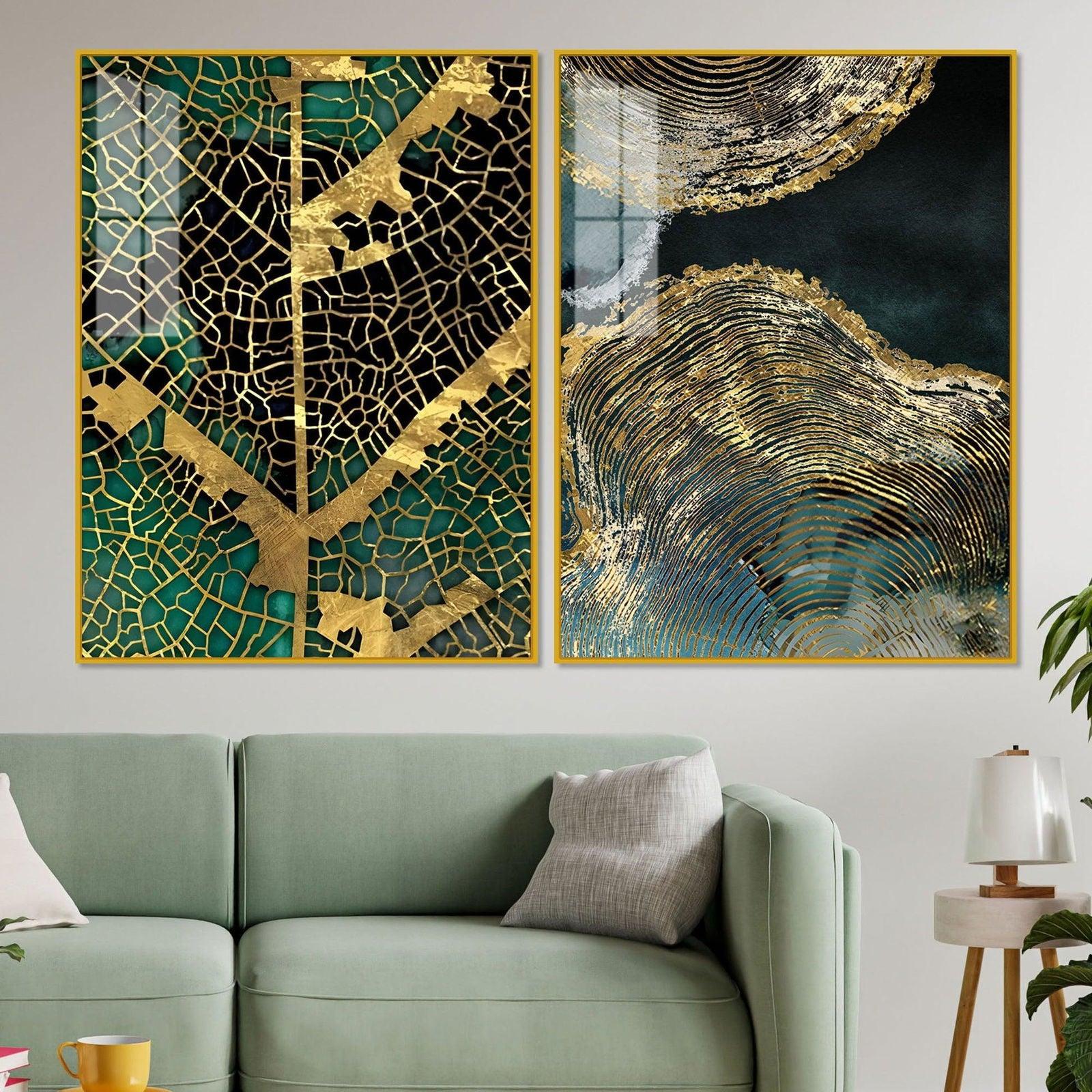 Amazing Golden Pattern Acrylic Floating Wall Painting Set of 2 - Decor Smart
