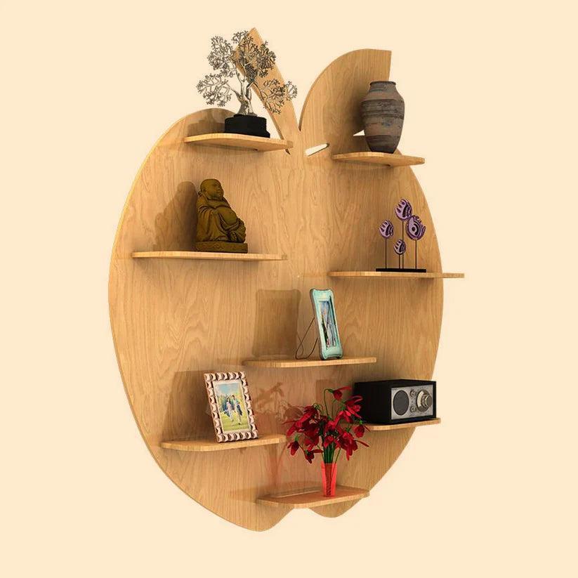 Apple Shape Backlit Designer Wooden Wall Shelf / Book Shelf / Night Light, Light Oak Finish - Decor Smart
