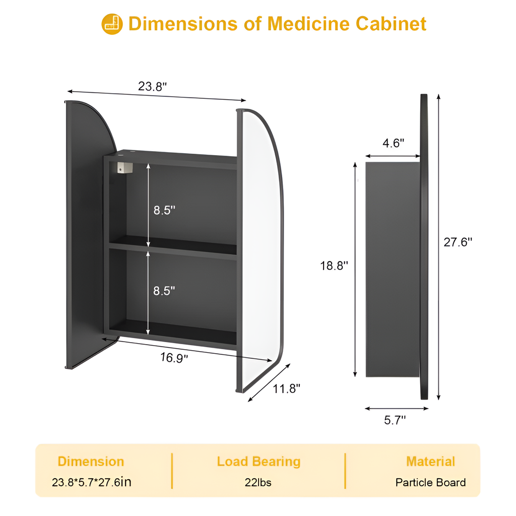 Arched Bathroom Mirror Cabinet with Black Frame & Dual Doors