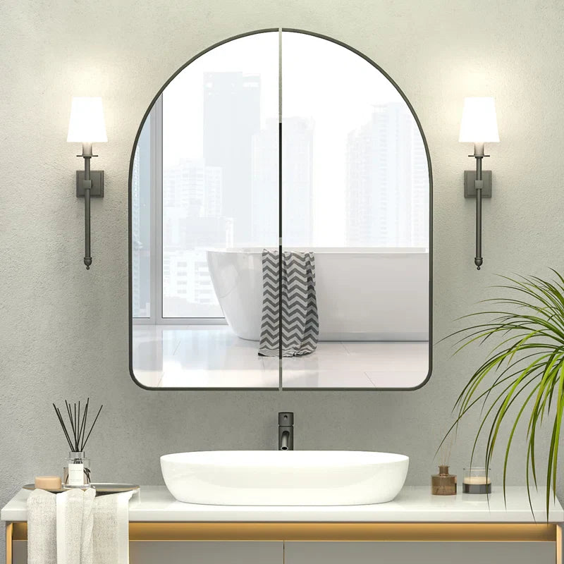 Arched Bathroom Mirror Cabinet with Black Frame & Dual Doors