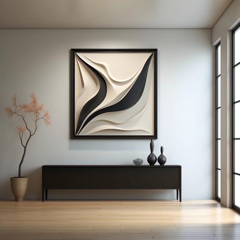 Artistic 3D Panel with Organic Wave Shapes in Monochrome Finish