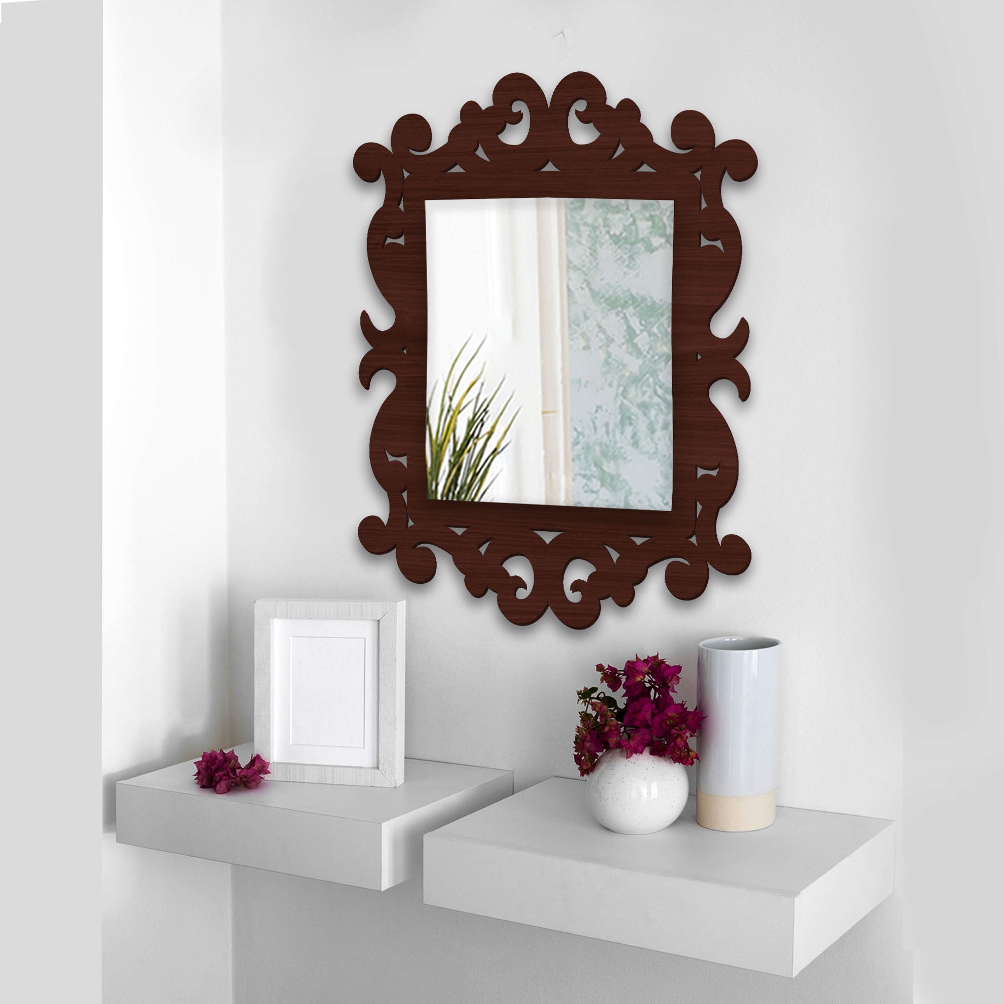 Artistic Unique Mirror Shape Brown Wooden Wall Mirror - Decor Smart