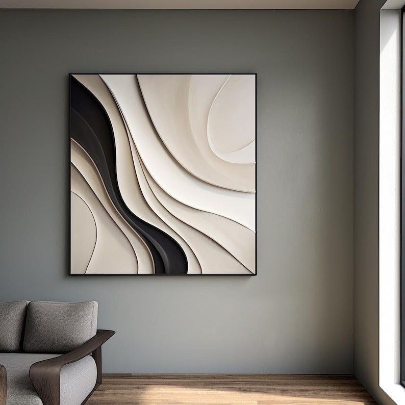 Artistic Wall Art in Black and Cream with Smooth Flowing Layers