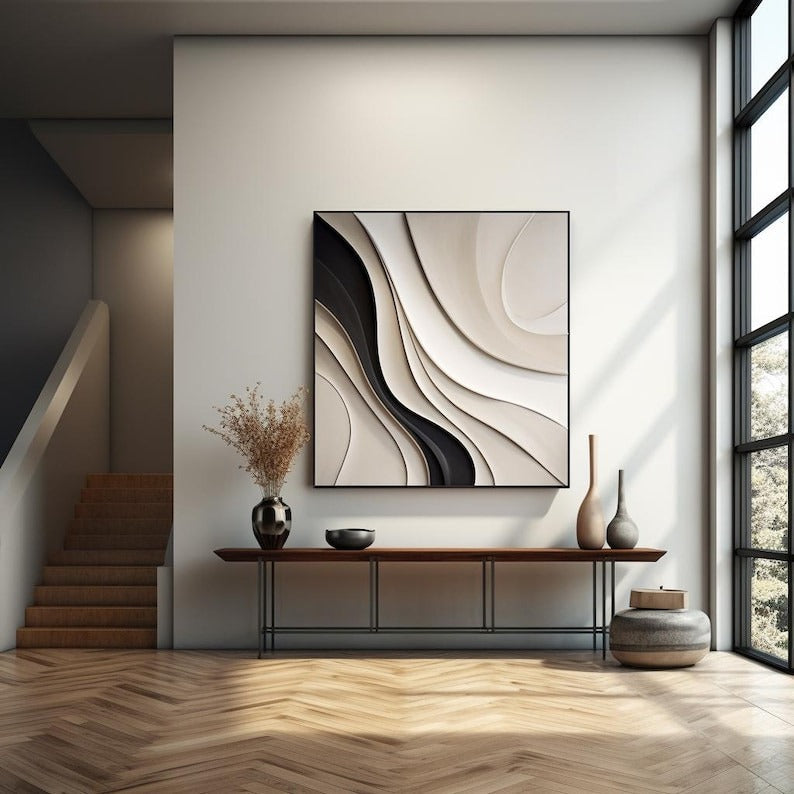 Artistic Wall Art in Black and Cream with Smooth Flowing Layers
