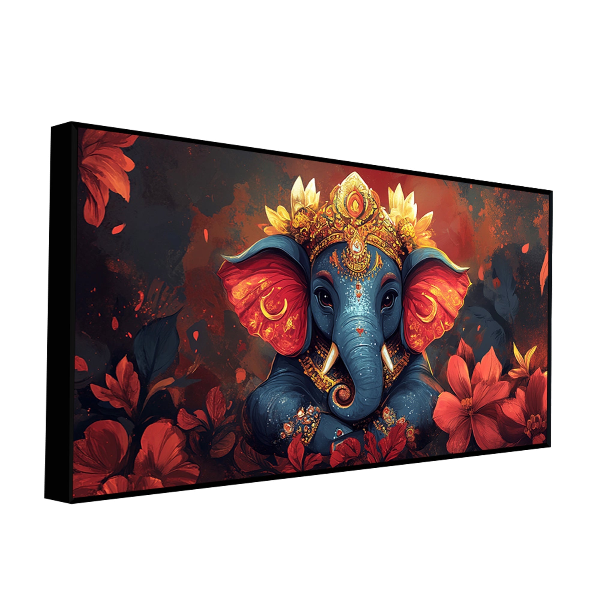 Auspicious Lord Ganesh Golden Adornments Fiery Canvas Wall Painting