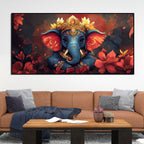 Auspicious Lord Ganesh Golden Adornments Fiery Canvas Wall Painting