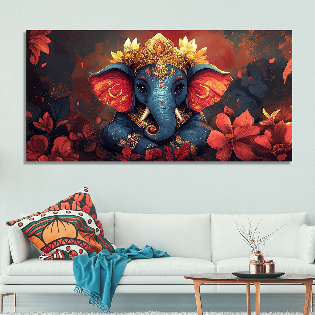 Auspicious Lord Ganesh Golden Adornments Fiery Canvas Wall Painting