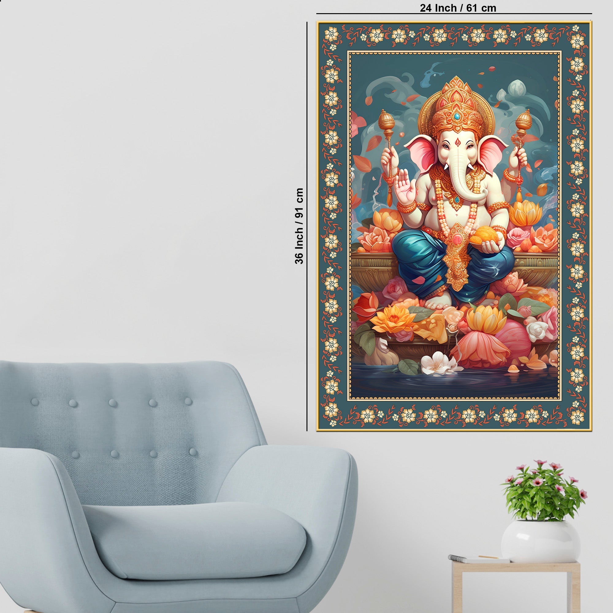 Auspicious Lord Ganpati Floral Border Vertical Wall Painting