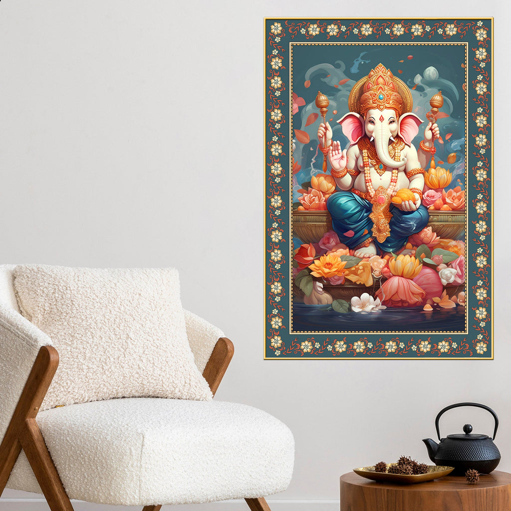 Auspicious Lord Ganpati Floral Border Vertical Wall Painting