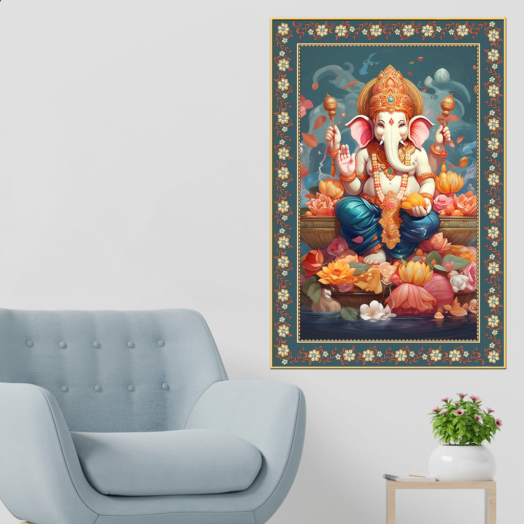 Auspicious Lord Ganpati Floral Border Vertical Wall Painting