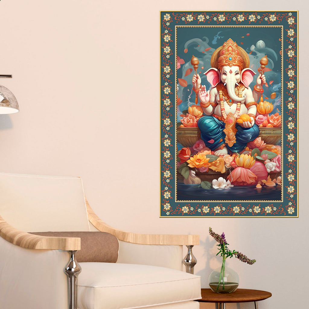 Auspicious Lord Ganpati Floral Border Vertical Wall Painting