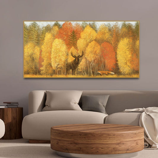Autumn Foliage with Moose and Fox Premium Canvas Wall Painting - Decor Smart