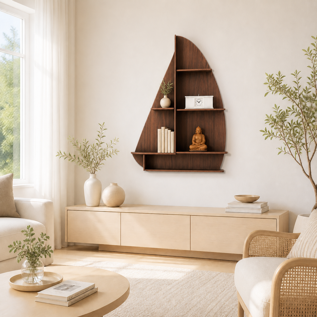 Ship Backlit Designer Wooden Wall Shelf / Book Shelf / Night Light, Walnut Finish