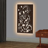 Baby Jesus Virgin Mary Joseph Holy Family Backlit Wooden Wall Hanging with LED Night Light Walnut Finish - Decor Smart