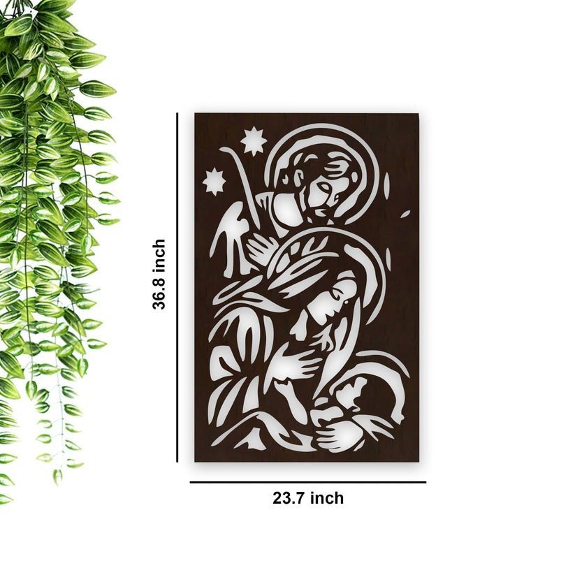 Baby Jesus Virgin Mary Joseph Holy Family Backlit Wooden Wall Hanging with LED Night Light Walnut Finish - Decor Smart