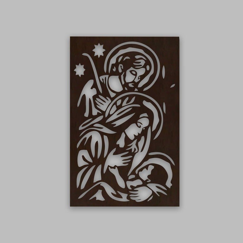 Baby Jesus Virgin Mary Joseph Holy Family Backlit Wooden Wall Hanging with LED Night Light Walnut Finish - Decor Smart