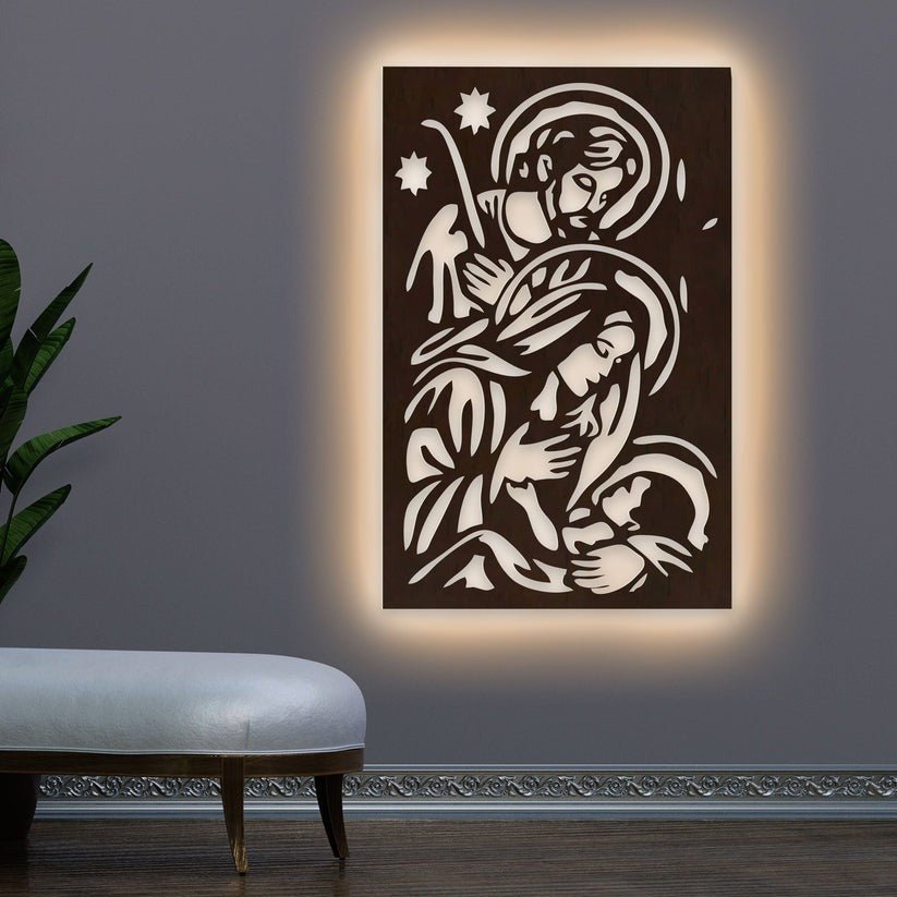 Baby Jesus Virgin Mary Joseph Holy Family Backlit Wooden Wall Hanging with LED Night Light Walnut Finish - Decor Smart