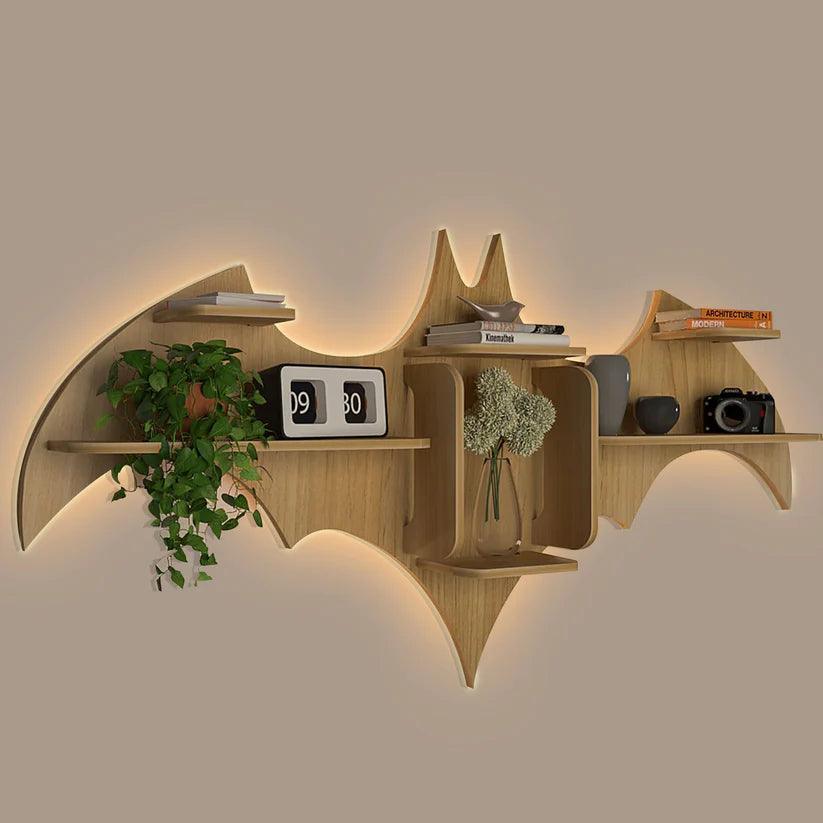 Bat Shape Backlit Designer Wooden Wall Shelf Book Shelf Night Light, Light Oak Finish - Decor Smart