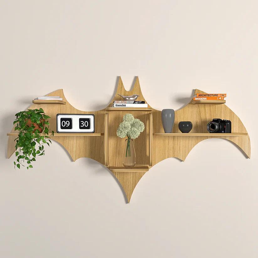 Bat Shape Backlit Designer Wooden Wall Shelf Book Shelf Night Light, Light Oak Finish - Decor Smart