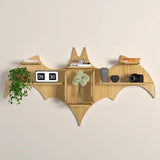 Bat Shape Backlit Designer Wooden Wall Shelf Book Shelf Night Light, Light Oak Finish - Decor Smart