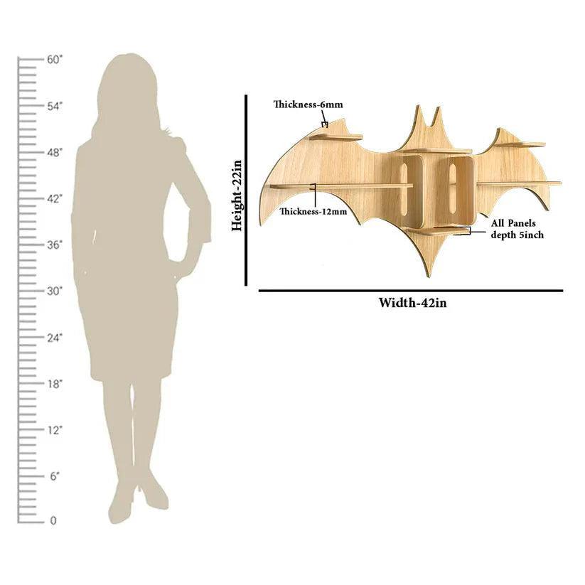 Bat Shape Backlit Designer Wooden Wall Shelf Book Shelf Night Light, Light Oak Finish - Decor Smart