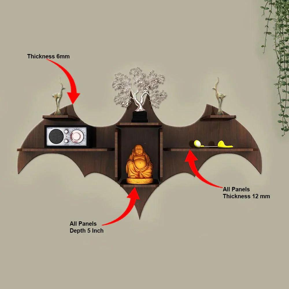 Bat Shape Backlit Designer Wooden Wall Shelf Book Shelf Night Light, Walnut Finish - Decor Smart