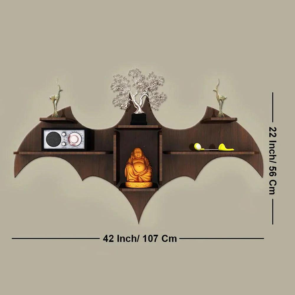 Bat Shape Backlit Designer Wooden Wall Shelf Book Shelf Night Light, Walnut Finish - Decor Smart