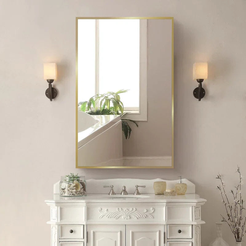Bathroom Mirror with Gold Metal Frame and Internal Shelves