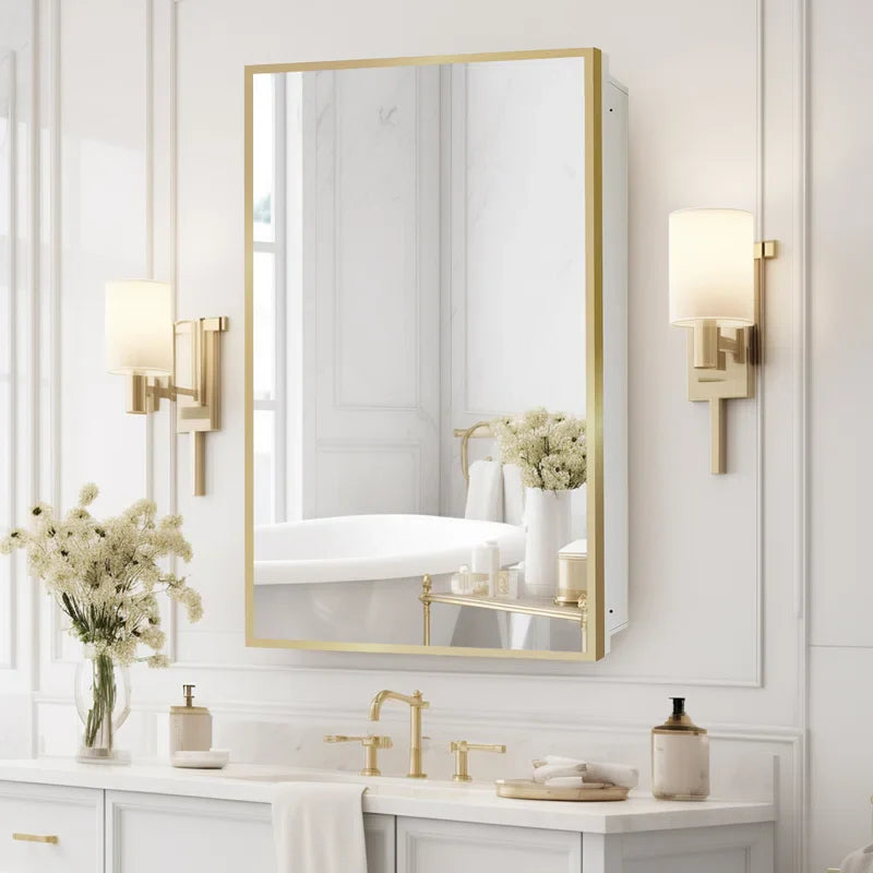 Bathroom Mirror with Gold Metal Frame and Internal Shelves