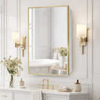 Bathroom Mirror with Gold Metal Frame and Internal Shelves