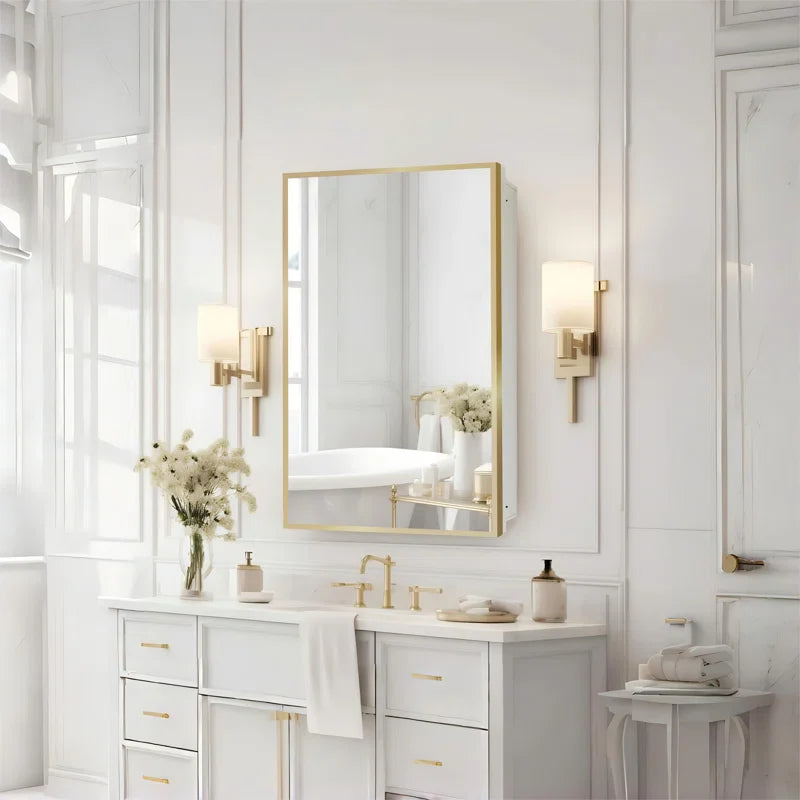 Bathroom Mirror with Gold Metal Frame and Internal Shelves