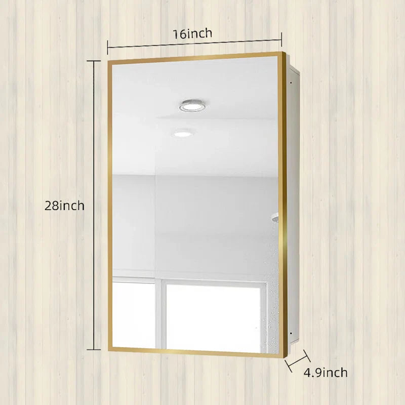 Bathroom Mirror with Gold Metal Frame and Internal Shelves